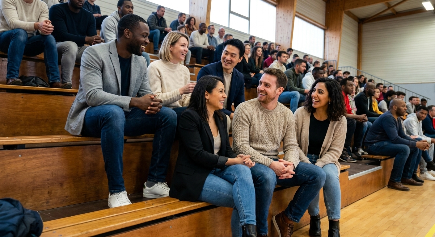 Six personnes assises dans les gradins d'un gymnase, en train de rire et discuter ensemble pendant un match.