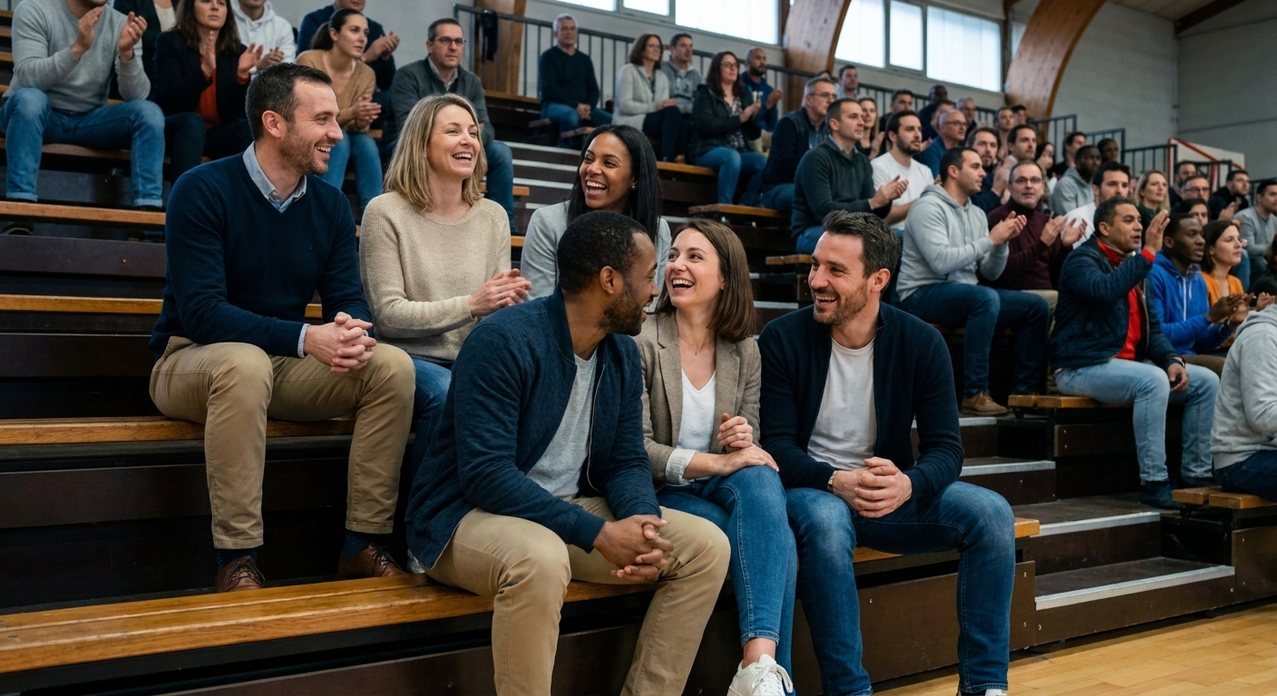 Un autre groupe de six spectateurs dans une tribune de gymnase, en pleine discussion pendant un match.